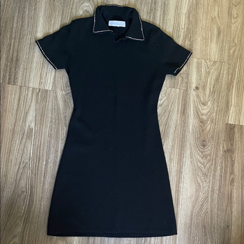Susie Tompkins 100% Wool Elegant Black Dress Rhingstone collar.
